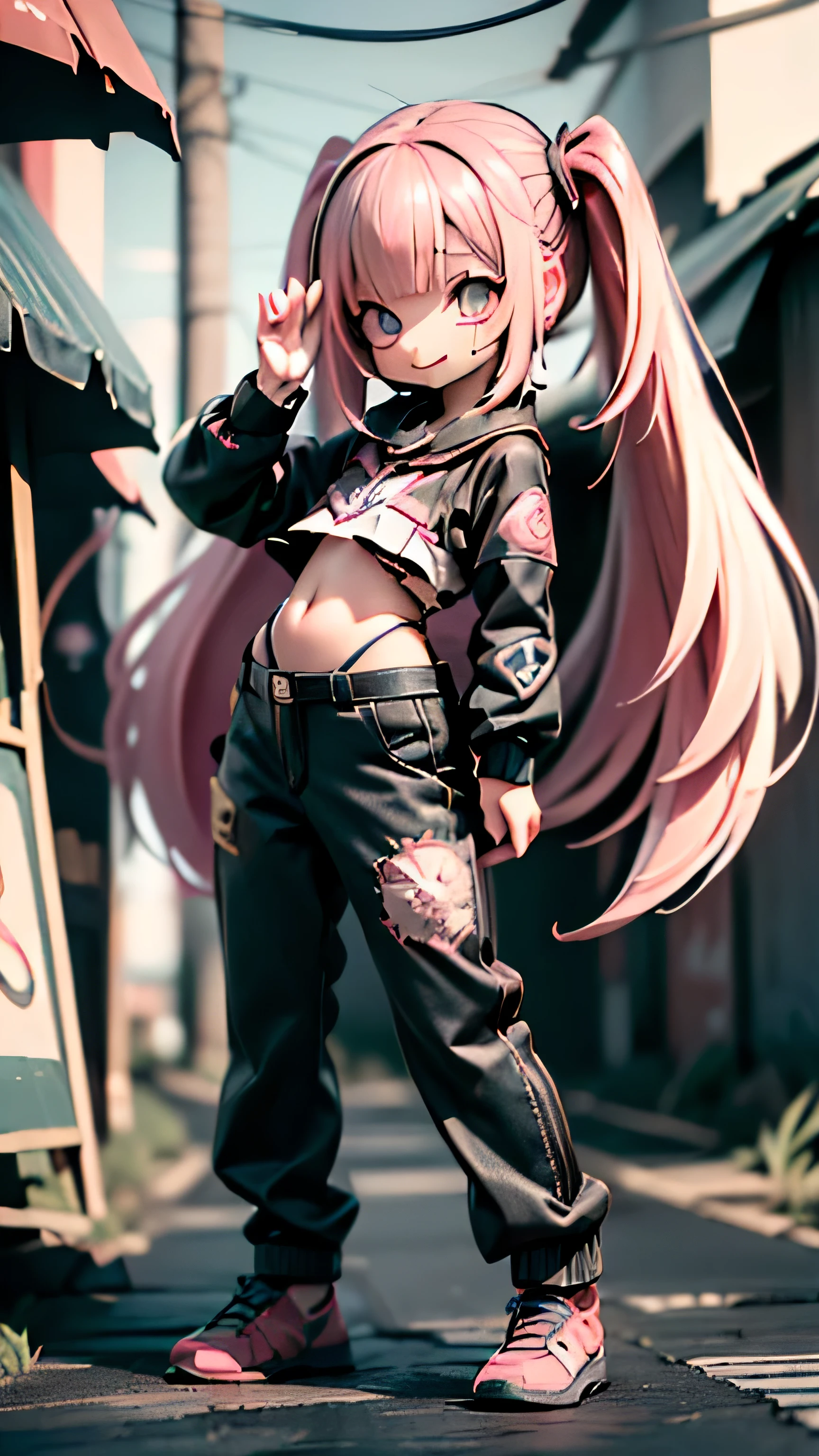 Milim Nava, 2d,#calidad(8K,fondo de pantalla de una unidad CG extremadamente detallada, masterpiece,high resolution,top-calidad,top-calidad real texture skin,hiperrealista,increase resolution,Fotos CRUDAS,la mejor calidad,muy detallado,el fondo de pantalla), ROMPER,solo,#1 chica(lindo,kawaii,sonrisa maligna,pelo flotando,cabello desordenado,PELO ROSA,pelo largo,pelo de dos colas,pale skin,ojos rojos brillando,ojos grandes,Ropa rasgada:1.8,top de tubo ajustado,mama,pantalones ajustados,dynamic pose:2.0,stomach shown :0.8,moda punk:1.4,dynamic pose:1.4),#fondo(afuera,Ciudad ruidosa,alley,calle Estrecho,oscuro:2.0,neon lights),[chibi:2.0],
