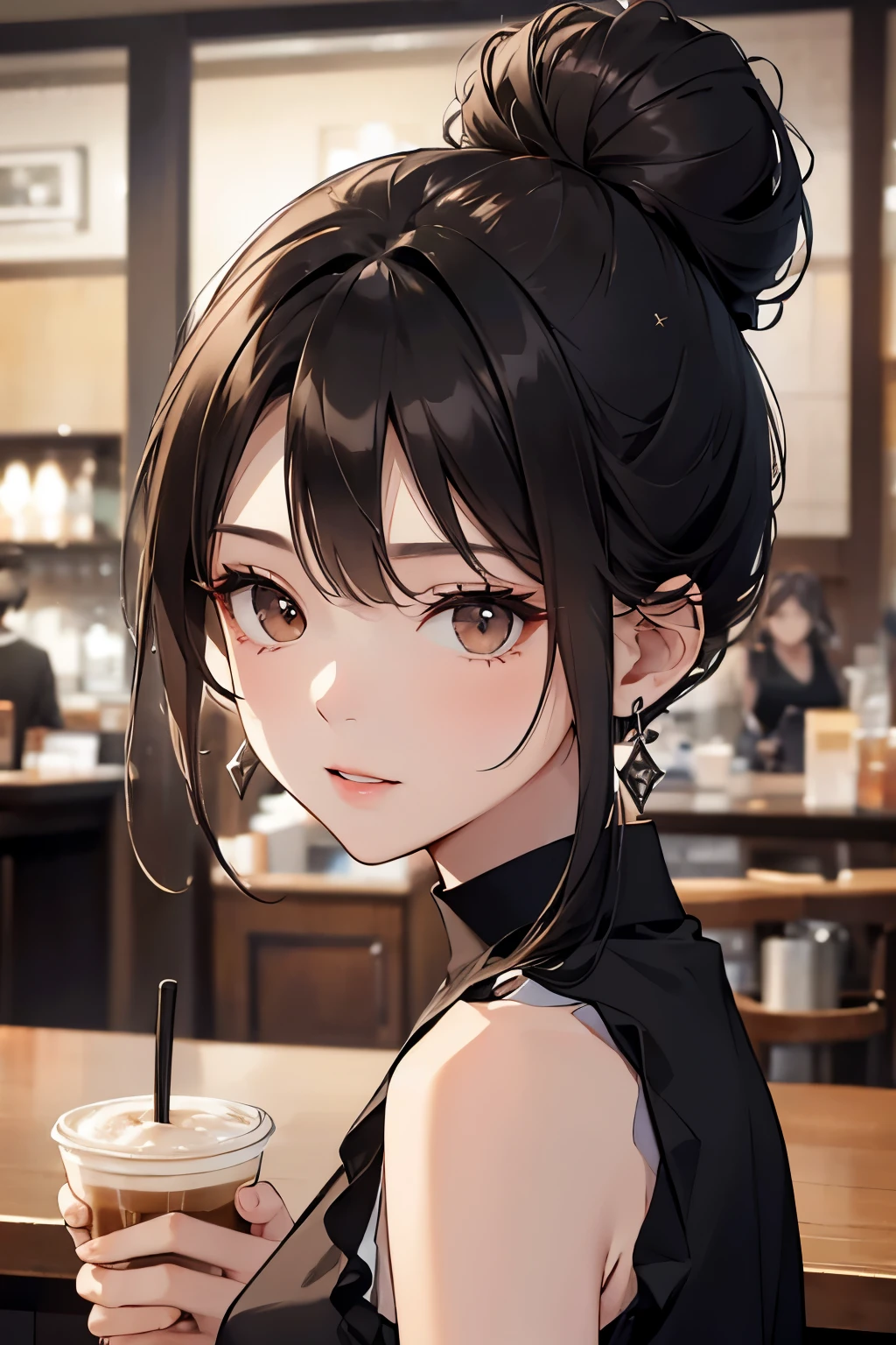 best quality, highres,Slender、brown eyes、tall、black hair、（forehead:1.3),bun hair、Cafe、(black sleeveless:1.3)、Silver earrings

