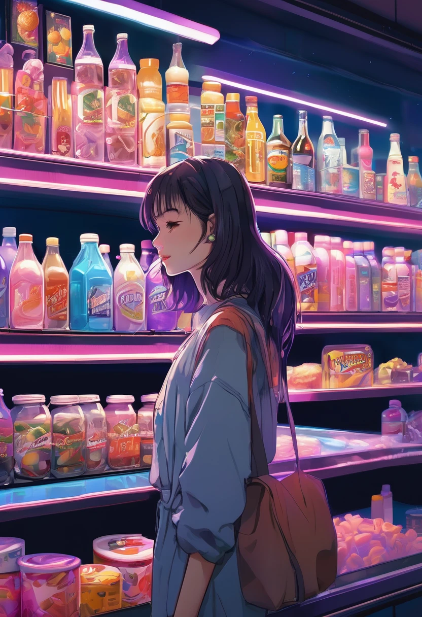 1girl, midnight convenience store, aesthetic, vibrant city lights, dimly lit shelves full of snacks and drinks, a cashier with tired eyes, fluorescent lighting casting a soft glow, late-night customers browsing the aisles, flickering neon signs outside the store, a sense of mystery and solitude, a hazy atmosphere with a touch of nostalgia, cinematic and atmospheric, high-res details capturing the smallest nuances, a combination of realism and dream-like quality, urban aesthetic blending with a hint of surrealism, cool blue and purple tones, soft shadows and subtle highlights, an ambiance that evokes a sense of tranquility and possibility in the midst of the night.