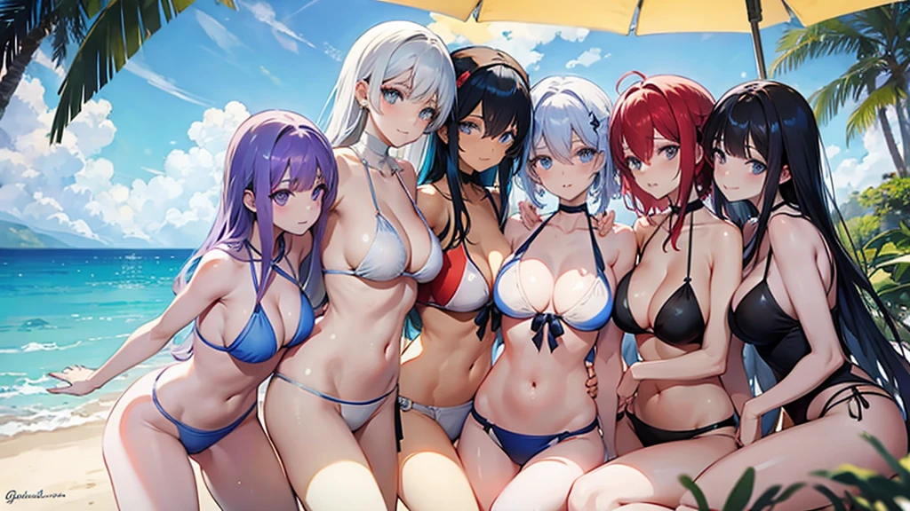 Six people,woman,There is a sense of distance,???? ?????? swimsuit,red hair purple eyes,Blue hair and green eyes,Black hair, blue eyes,White hair and golden eyes,get beach ball