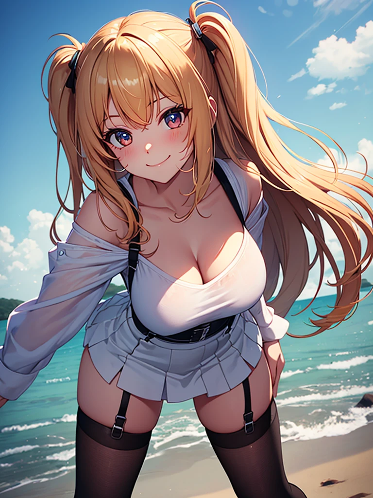 (highest quality, High resolution, perfect pixel, Depth of bounds written, 4K), (detailed face:1.2), (1 girl), perfect body, blond hair, two side up, large breasts, white t-shirt, (black suspender skirt), kneehighs, standing, leaning forward, light smile,