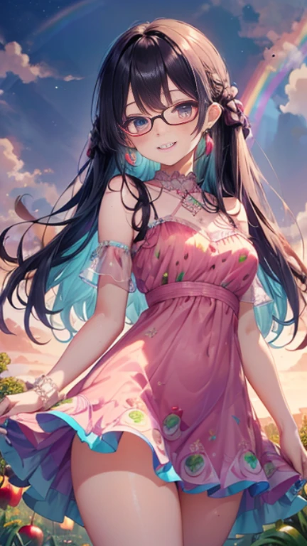 小さなgirl、Glasses、petal、thick thighs、big ass、 (alone:1.5,)Super detailed,bright colors, very beautiful detailed anime face and eyes, look straight, shiny_skin,girl,(((long hair、rainbow colored hair, colorful hair, Half black、half pink hair: 1.2))) 、forehead is exposed.、shiny hair, delicate beautiful face, blush、(turquoise eyes), White skin, Valletta, earrings,、blue flower field、(((See-through、Pink ruffled dress with apple print、purple mini skirt)))、twin tails、smile、smile、Face dyed red