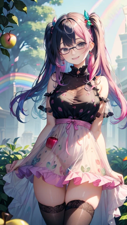 小さなgirl、Glasses、petal、thick thighs、big ass、 (alone:1.5,)Super detailed,bright colors, very beautiful detailed anime face and eyes, look straight, shiny_skin,girl,(((long hair、rainbow colored hair, colorful hair, Half black、half pink hair: 1.2))) 、forehead is exposed.、shiny hair, delicate beautiful face, blush、(turquoise eyes), White skin, Valletta, earrings,、blue flower field、(((See-through、Pink ruffled dress with apple print、purple mini skirt)))、twin tails、smile、smile、Face dyed red