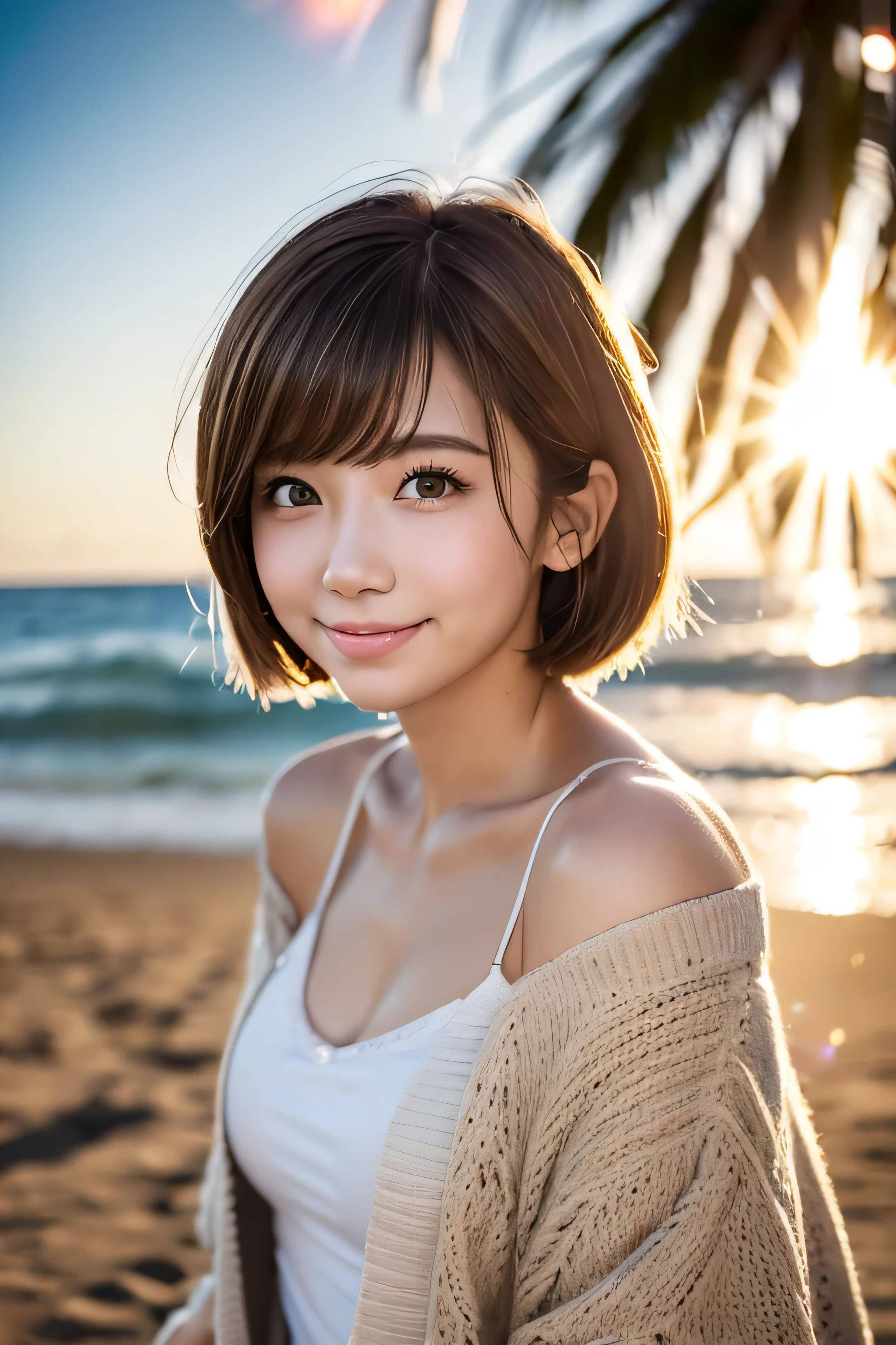 ((No makeup、close your mouth:1.2))、(realistic、Photoreal、super detailed、best detailed skins、highest quality、masterpiece、超A high resolution)、cute russian woman、、high school girl、young girl、1 girl、have bangs、ash blonde:1.7、double eyelid、drooling eyes、Japanese style face、purity、double teeth、realistic skin type、(I cut my hair short、Shaggy cut cardigan that bounces outwards:1.2).fluffy hair、red cheeks、Lighting from behind、I went to the beach in the middle of winter lol Waikiki Beach in Hawaii、In a gingham checked bikini、With a smile、((Lens flare:1.3))、Because I come from a snowy country、It's so hot www?It's time to take it off?I'll wear off-the-shoulder。