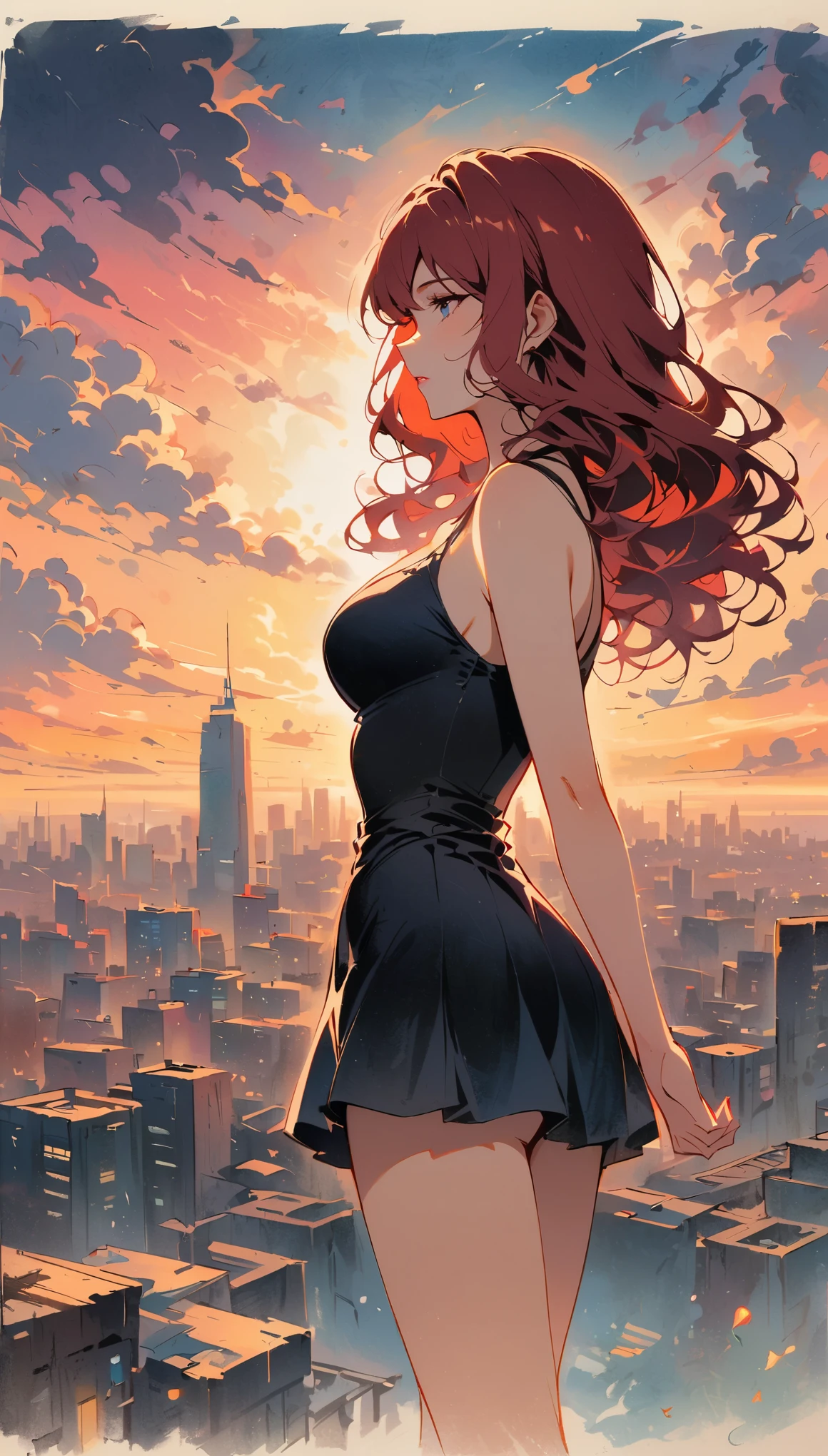 vintage movie, girl, wavy red hair, teen body, black top, black bodycon skirt, black boots, city View, architecture, Skyline, Sunset, Silhouette of clouds, traditional media, Contemplative.  