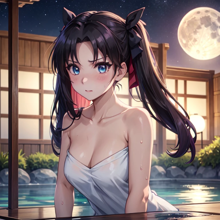 masterpiece, high resolution, high quality, open-air bath, night, 2 girls, (bath towel, purple hair ornament, big, cat ears, floral, red eyes, black hair, ponytail), seduction, (bath towel, red hair ornament, big, cat ears, floral pattern, yellow eyes, white hair, twin tails), gohku, kissing