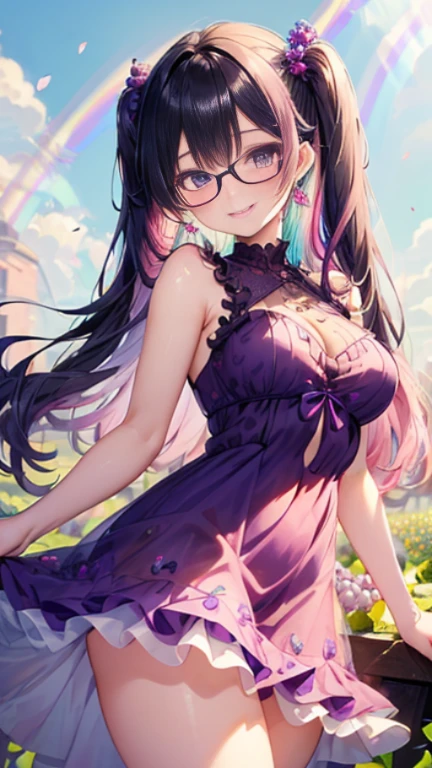 小さなgirl、Glasses、petal、thick thighs、big ass、 (alone:1.5,)Super detailed,bright colors, very beautiful detailed anime face and eyes, look straight, shiny_skin,girl,(((long hair、rainbow colored hair, colorful hair, Half black、half pink hair: 1.2))) 、forehead is exposed.、shiny hair, delicate beautiful face, blush、(turquoise eyes), White skin, Valletta, earrings,、blue flower field、(((See-through、Pink ruffled dress with grape pattern、purple mini skirt)))、twin tails、smile、smile、Face dyed red