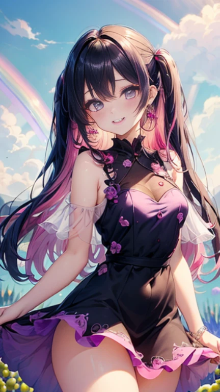 小さなgirl、Glasses、petal、thick thighs、big ass、 (alone:1.5,)Super detailed,bright colors, very beautiful detailed anime face and eyes, look straight, shiny_skin,girl,(((long hair、rainbow colored hair, colorful hair, Half black、half pink hair: 1.2)))  、forehead is exposed.、shiny hair, delicate beautiful face, blush、(turquoise eyes), White skin, Valletta, earrings,、blue flower field、(((See-through、Pink ruffled dress with grape pattern、purple mini skirt)))、twin tails、smile、smile、Face dyed red