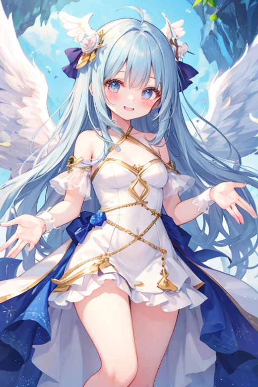 beautiful illustrations, highest quality, pretty girl,beautiful girl、clear face、 half girl、pastel colour 、blush、perfect hands、five fingers、fantasy、fantasy、thighs、(perfect face:1.1), smile、Angel、Light、white wings、wings on the back、simple dress