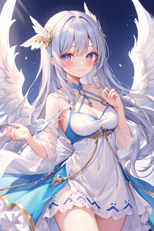 beautiful illustrations, highest quality, pretty girl,beautiful girl、clear face、 half girl、pastel colour 、blush、perfect hands、five fingers、fantasy、fantasy、thighs、(perfect face:1.1), smile、Angel、Light、white wings、wings on the back、simple dress