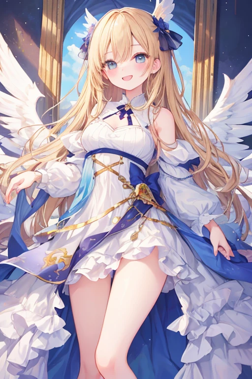 beautiful illustrations, highest quality, pretty girl,beautiful girl、clear face、 half girl、pastel colour 、blush、perfect hands、five fingers、fantasy、fantasy、thighs、(perfect face:1.1), smile、Angel、Light、white wings、wings on the back、simple dress