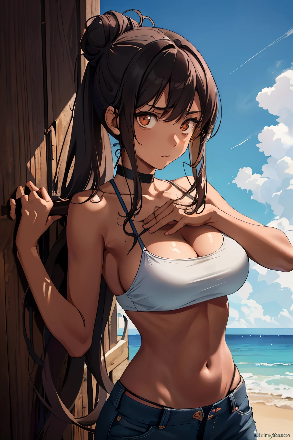 Beautiful tanned anime girl, slender waist, curvy hips, long wavy hair tied up in a messy bun, expressive brown eyes filled with distress, wearing a vibrant bikini top and cargo pants, lying on the sandy beach, hands clutching her stomach in pain, pale cheeks showing signs of hunger and punishment, her body weakened by starvation, the sun casting long, dramatic shadows, the atmosphere tense, ultra-detailed rendering, realistic textures, high-resolution, HDR, muted colors, focusing on the girl's anguished expression and the creases on her stomach, softly lit, professional artwork.