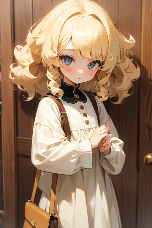 Caucasian girl with blonde curly hair, cute clothes、