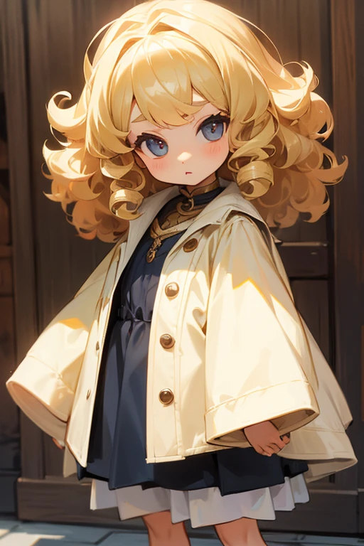 Caucasian girl with blonde curly hair, cute clothes、