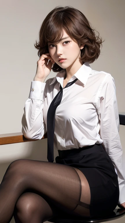 (masterpiece, best quality:1.2), solo, 1girl, tatsumaki, unamused, closed mouth, looking at viewer, hand on own face, sitting, crossed legs, collared shirt, necktie, skirt, pantyhose