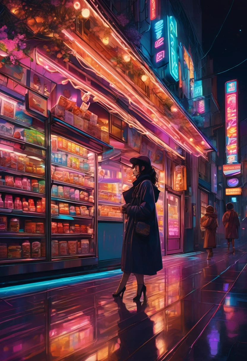 1girl, midnight convenience store, aesthetic, vibrant city lights, dimly lit shelves full of snacks and drinks, a cashier with tired eyes, fluorescent lighting casting a soft glow, late-night customers browsing the aisles, flickering neon signs outside the store, a sense of mystery and solitude, a hazy atmosphere with a touch of nostalgia, cinematic and atmospheric, high-res details capturing the smallest nuances, a combination of realism and dream-like quality, urban aesthetic blending with a hint of surrealism, cool blue and purple tones, soft shadows and subtle highlights, an ambiance that evokes a sense of tranquility and possibility in the midst of the night.