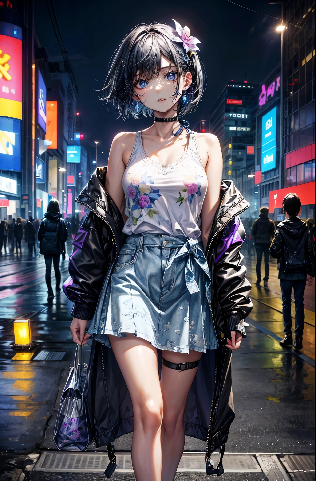 hyper quality、8K quality、High resolution、Image quality captured with a single-lens reflex camera、(software)、perfect anatomy、(black short hair、shoulder length hair:1.2)22 year old beauty.Mature face、blue eyes(Sharp look:1.4)(Good shape and normal breasts) BREAK Bright atmosphere((Light blue distressed denim hoodie、(Wear an artistic print photo tank top underneath、Irregular patterns:1.2))(Light pink as an accent color)(A long, wide, satin-like skirt with a loose silhouette、Light purple:1.2)gold earrings、turn to the side(perfect anatomy:1.4)break(look away:1.2)(Asahi、In front of Umeda Station in Osaka on a bright early morning:1.3)