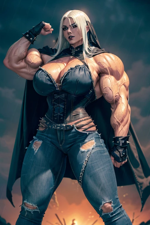 ((((Massive, tall, beautiful, buff, wet, light brown skinned muscular woman with white hair, black lipstick, ginormous bulky muscles, wearing a black gothic corset with tight denim pants and hooded cape)))), (red background), close view, (massive muscles), massive biceps, hyper muscle shoulders, hyper muscle triceps, (long hair), glowing blue eyes, choker, (chain belt), black spiked boots, (spiked gauntlets), (fingerless gloves), (in a raining dark island), confident smirk, night, red moon, (red skies), hyper vascular arm, hyper muscles arms, hyper muscle legs, (ginormous arms).