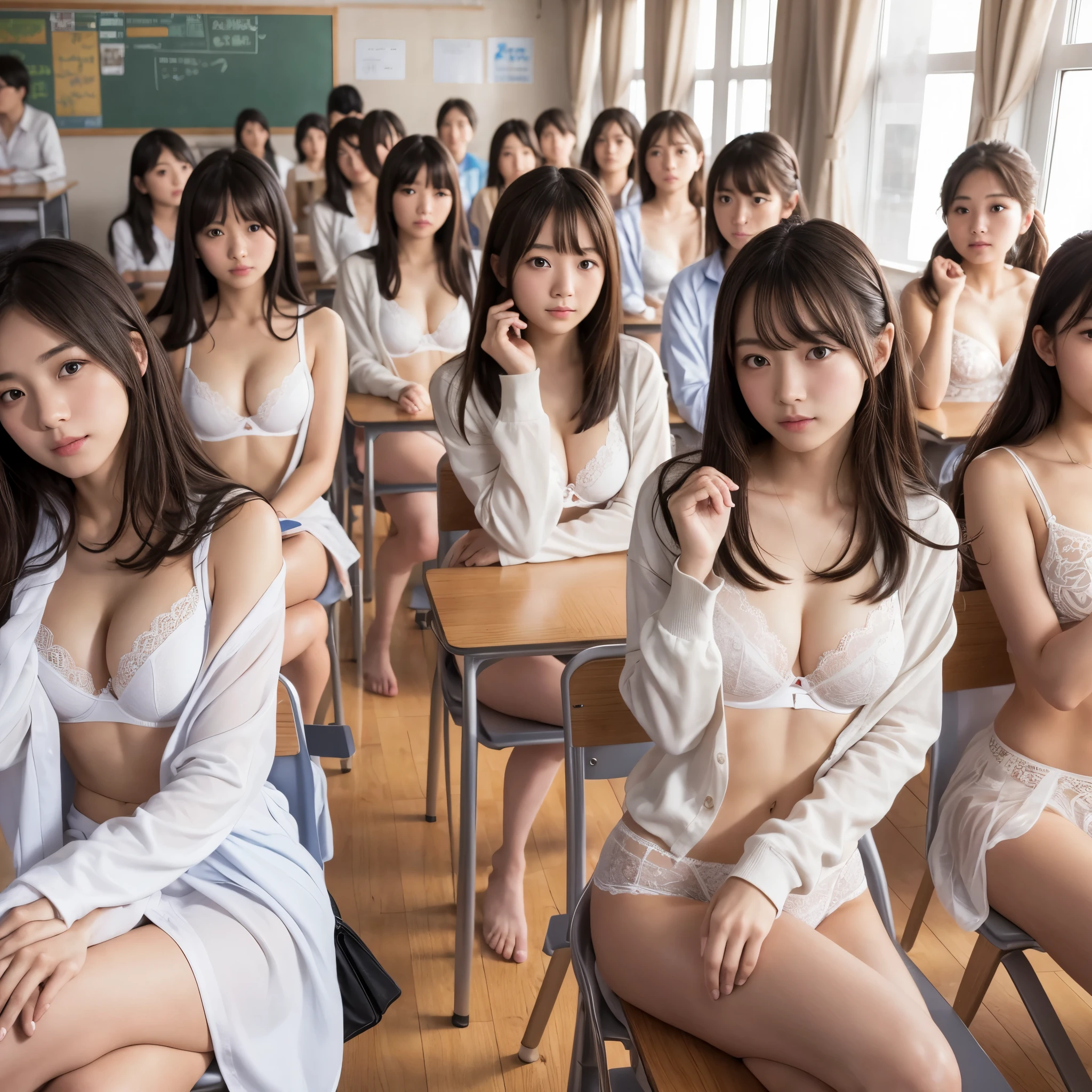 (Raw photo:1.2), (realistic), beautiful detailed girl, highly detailed eyes and face, thin and beautiful eyes, huge file size, High resolution, very detailed, highest quality, [table top:1.6], shape, very detailed, small details, highest quality, 8k wallpaper, movie lighting, Several Japanese female students, Attending class in underwear, school classroom, Their white bras are visible., Their white panties are visible,  young face, slender body, small breasts, exposed underwear, school classroomで授業中, desks are lined up, Barely