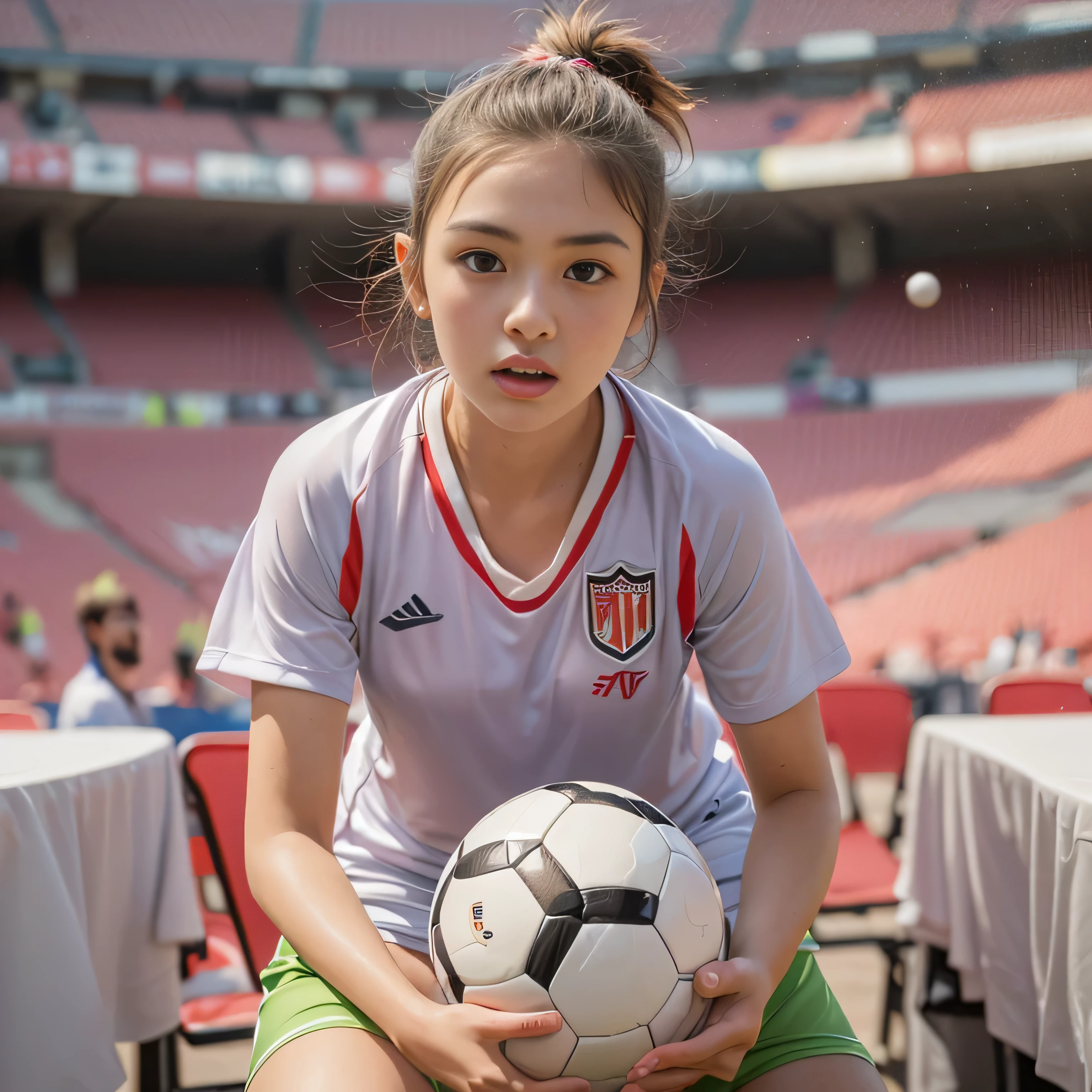 RAW image quality, (High resolution, highest quality, table top:1.4), (15 year old girl :1.3), sparkling skin, narrow waist, Large chest teeth above the skin, (A woman in light soccer clothing:1.3), soccer uniform, short shorts, sweat a lot, (Above the football stadium:1.2), (Her panties are visible under her shorts:1.2), tight clothes, pointed nipples, pubic hair, angry look, blush, beautiful background, (Only one ball:1.4), (Soccer ball with a diameter of 21 cm:1.4), Detailed CG image quality, biologically correct,