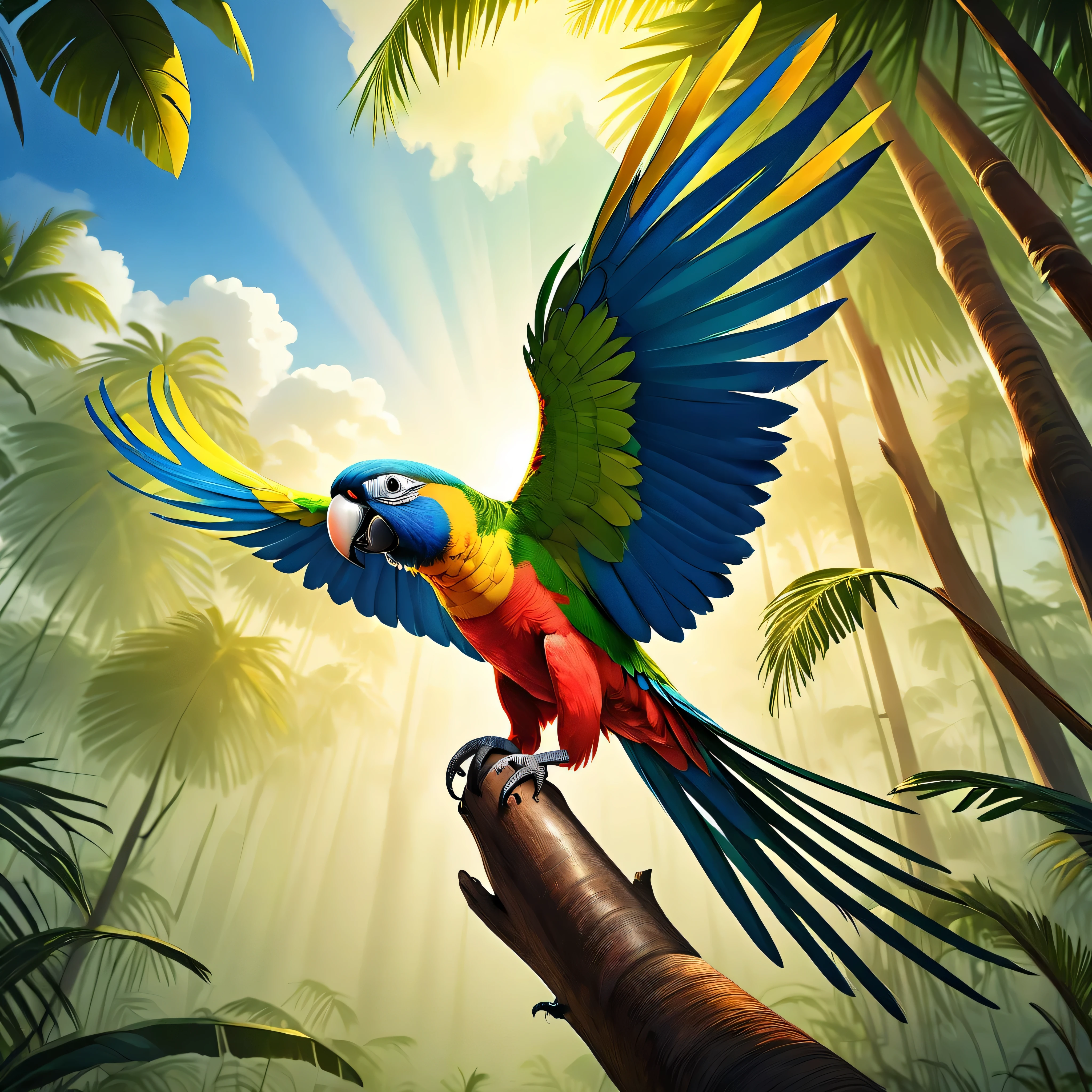 A photography full body shot of beutiful colour parrot. Spread wings. On the man shoulder. Capture the details of expensive brush strokes. dynamic composition, dramatic lighting to create a cinematic forest and blue sky atmosphere.. National geographic quality images