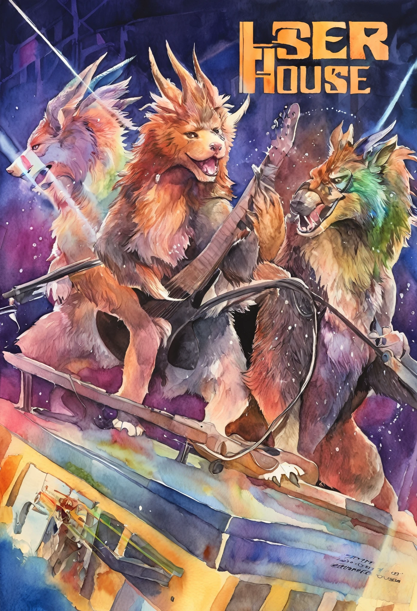 Top quality, picture book cover, movie poster, watercolor, fancy, four-headed, pale color (live house, laser beam, dazzling lighting, mechanized instrument, concert) (very detailed beautiful face and eyes) perfect anatomy (beastman) (beastman, playing a musical instrument, singing with a microphone, live performance, splashing sweat, standing on stage) (furry antro: 1. 2) (features of the animal's face on a furry body) (the muzzle of the animal is very detailed fur) full body, smile with an open mouth (dynamic pose),