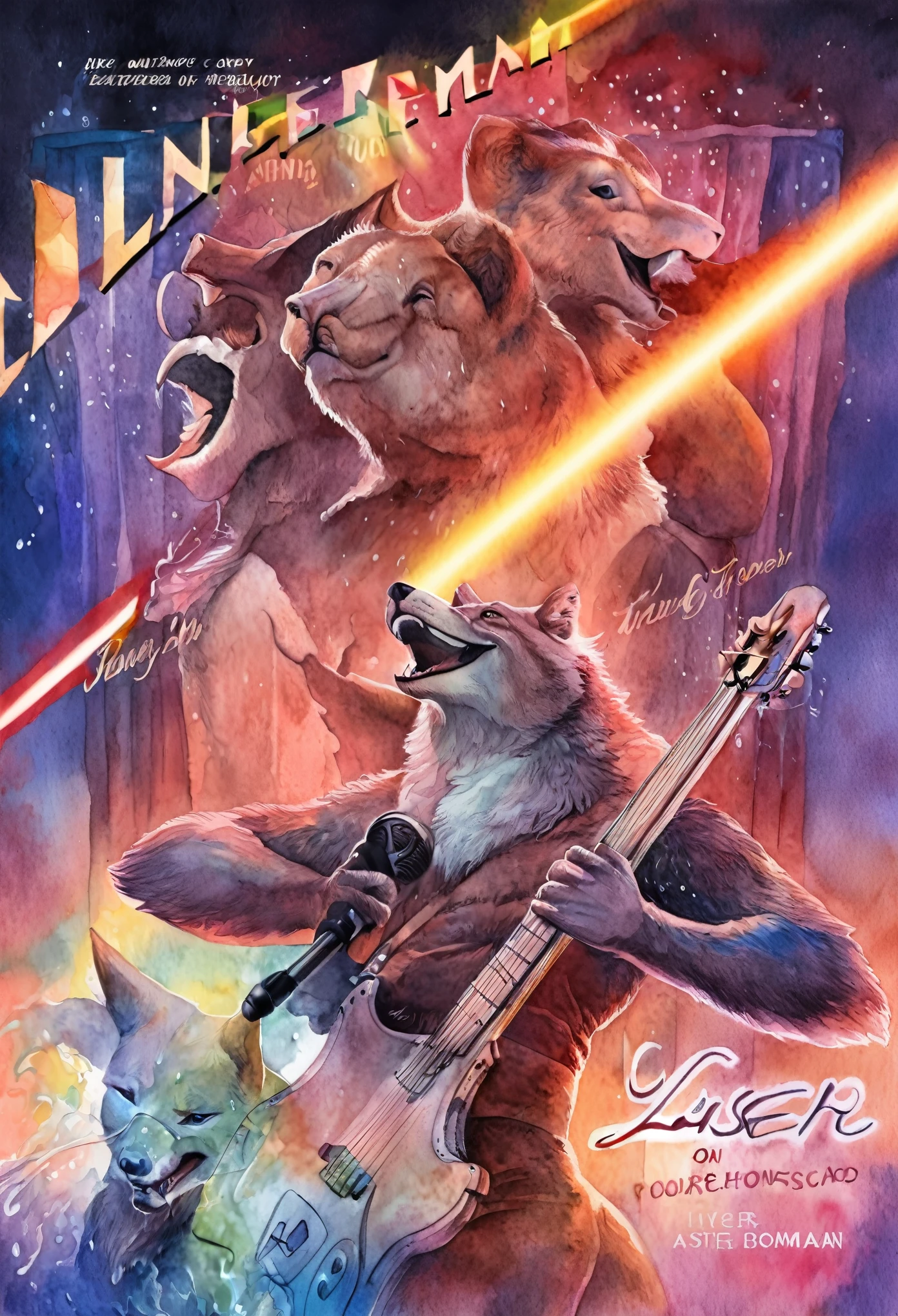 Top quality, picture book cover, movie poster, watercolor, fancy, four-headed, pale color (live house, laser beam, dazzling lighting, mechanized instrument, concert) (very detailed beautiful face and eyes) perfect anatomy (beastman) (beastman, playing a musical instrument, singing with a microphone, live performance, splashing sweat, standing on stage) (furry antro: 1. 2) (features of the animal's face on a furry body) (the muzzle of the animal is very detailed fur) full body, smile with an open mouth (dynamic pose),