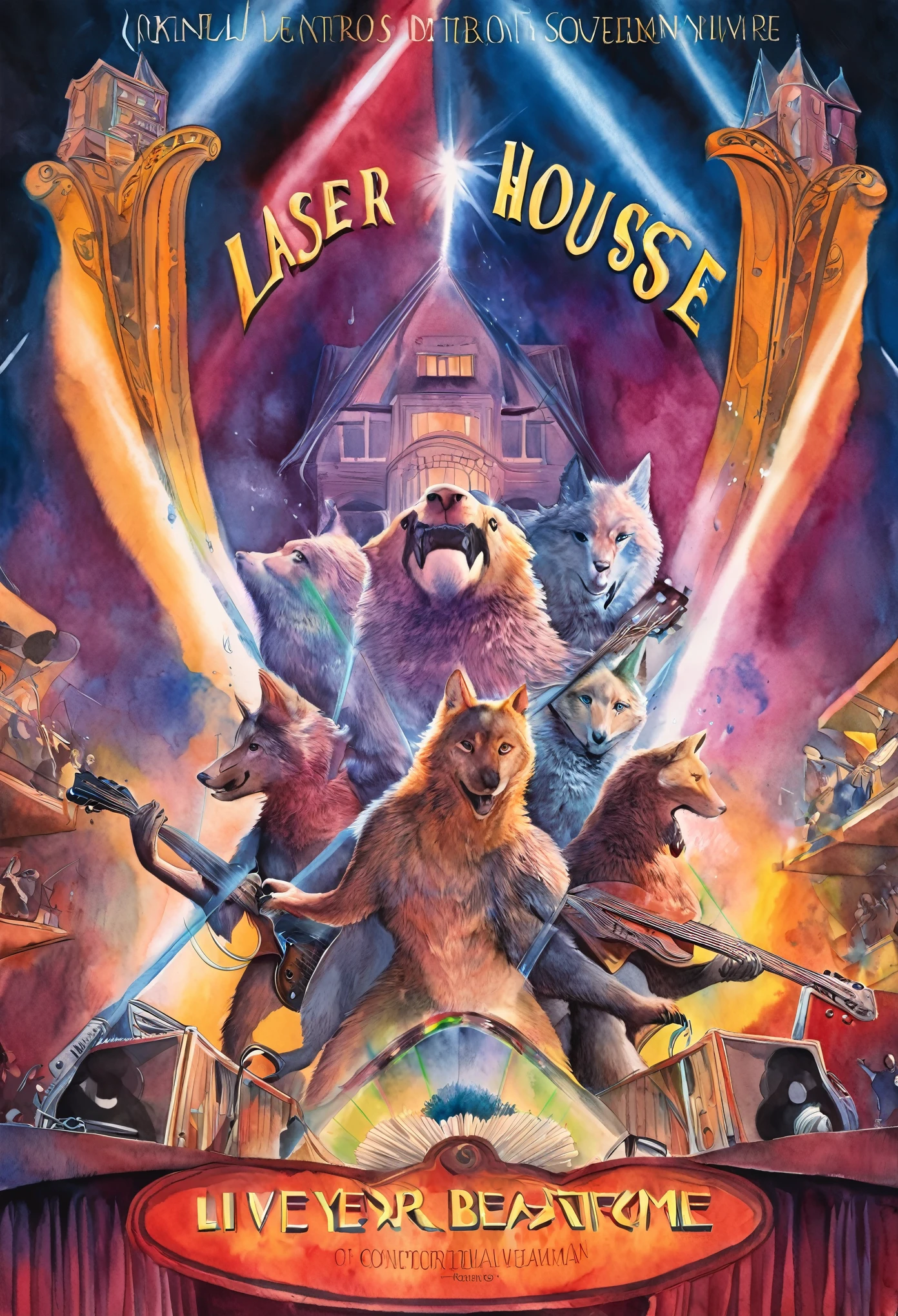 Top quality, picture book cover, movie poster, watercolor, fancy, four-headed, pale color (live house, laser beam, dazzling lighting, mechanized instrument, concert) (very detailed beautiful face and eyes) perfect anatomy (beastman) (beastman, playing a musical instrument, singing with a microphone, live performance, splashing sweat, standing on stage) (furry antro: 1. 2) (features of the animal's face on a furry body) (the muzzle of the animal is very detailed fur) full body, smile with an open mouth (dynamic pose),