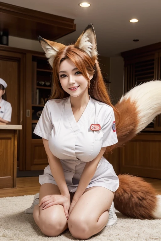 ((highest quality)), ((masterpiece)), (get used to it), perfect face, fox girl, Beautiful woman, public, It has a tail, she has a fluffy tail, she has a fox tail, she wags her tail, smile, first round, She is wearing a nurse uniform, beautiful hips, big breasts , big tail