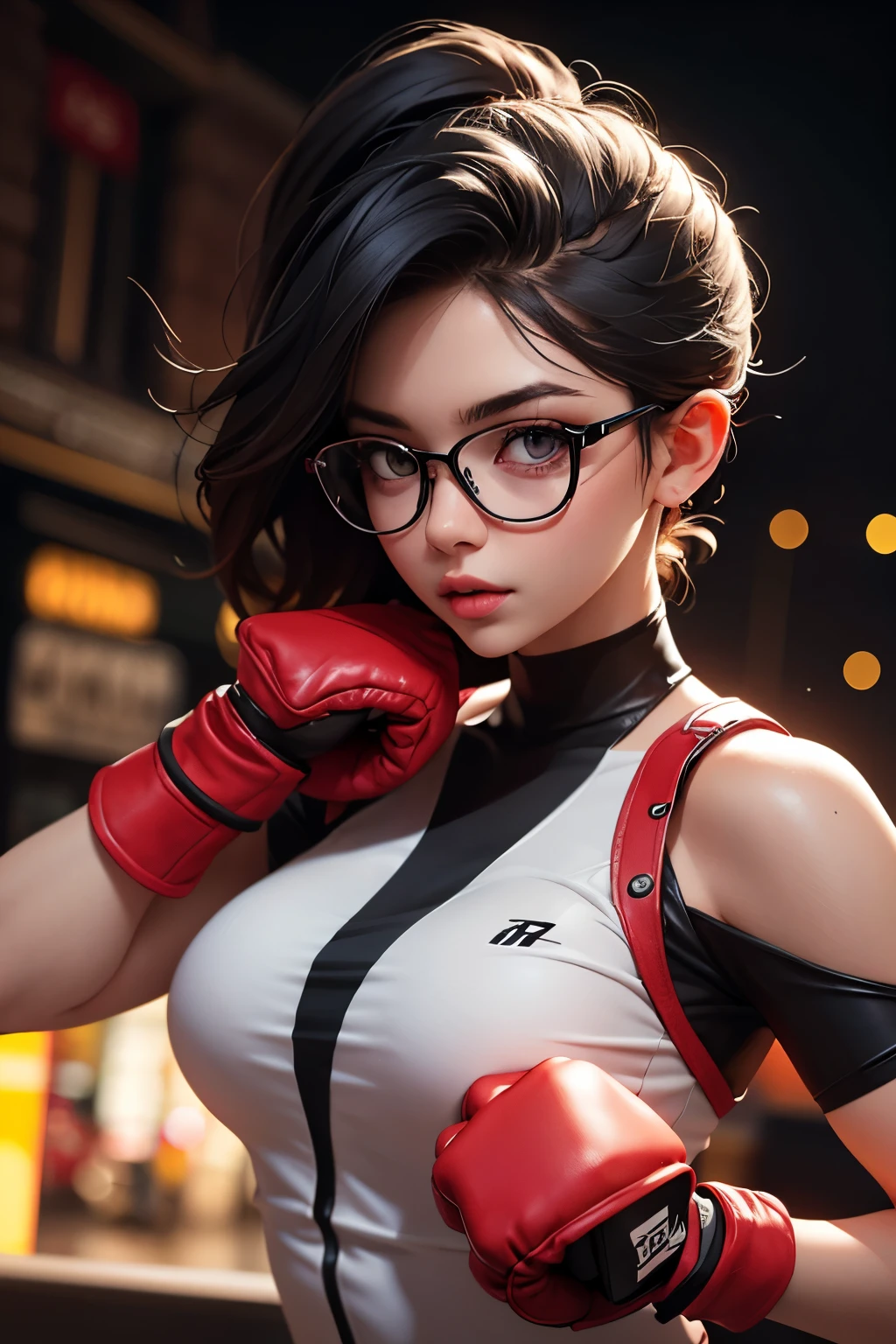 Wide angle shot, beautiful female street fighter, wearing large glasses, black undercut hair, wearing large iron gloves