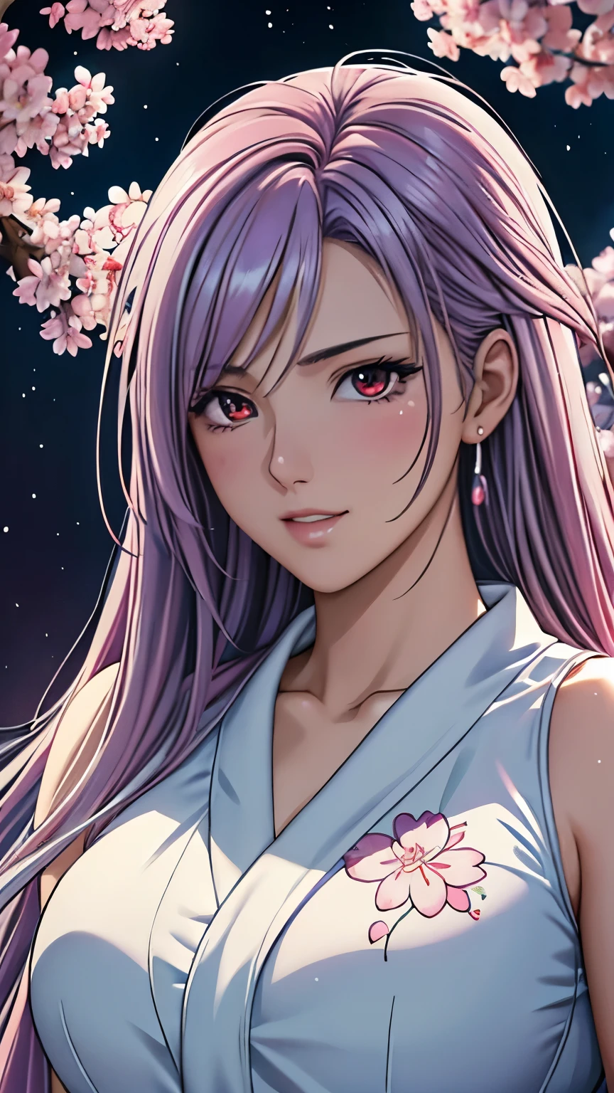 red eyes, (highest quality, masterpiece painting:1.3), immature woman, , (half body shot), masterpiece, ultra high resolution, (Photoreal:1.0), light purple hair,straight hair, beautiful shining hair, white and shining skin, ((Ultra realistic details)), octane rendering, highly detailed face, (big breasts:0.8), (make a heart with hands),((Translucent white robe), (pink feather robe,Layering), White cherry blossom embroidery pattern, silver earrings,(milky way galaxy), Hair flutters under the influence of the wind, Japanese garden with beautiful cherry blossoms at night, Mysterious night sky, Beautiful Landscapes, sharp focus, intricate details, professional artwork, (bright colors:1.1), bright colors, diffused lighting, digital blending, ultra-definition body, ultra detail hair, super detailed face, that'It's trending on pixiv, top button open, Cute gaze, compensate, perfect lips, perfect compensate, Ultra-precision coating, (light_smile:0.8), (Very embarrassed:1.2), blush your nose,