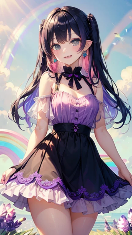 小さなgirl、Glasses、petal、thick thighs、big ass、 (alone:1.5,)Super detailed,bright colors, very beautiful detailed anime face and eyes, look straight, shiny_skin,girl,(((long hair、rainbow colored hair, colorful hair, Half black、half pink hair: 1.2)))  、forehead is exposed.、shiny hair, delicate beautiful face, blush、(turquoise eyes), White skin, Valletta, earrings,、blue flower field、(((See-through、Pink ruffled dress with lavender pattern、purple mini skirt)))、twin tails、smile、smile、Face dyed red