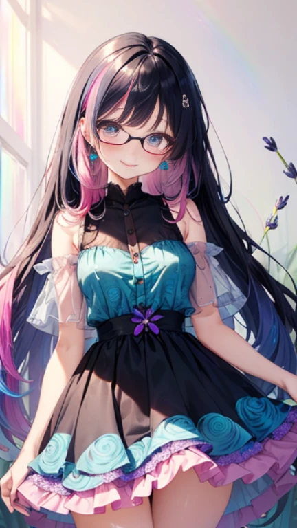 小さなgirl、Glasses、petal、thick thighs、big ass、 (alone:1.5,)Super detailed,bright colors, very beautiful detailed anime face and eyes, look straight, shiny_skin,girl,(((long hair、rainbow colored hair, colorful hair, Half black、half pink hair: 1.2)))  、forehead is exposed.、shiny hair, delicate beautiful face, blush、(turquoise eyes), White skin, Valletta, earrings,、blue flower field、(((See-through、Pink ruffled dress with lavender pattern、purple mini skirt)))、twin tails、smile、smile、Face dyed red