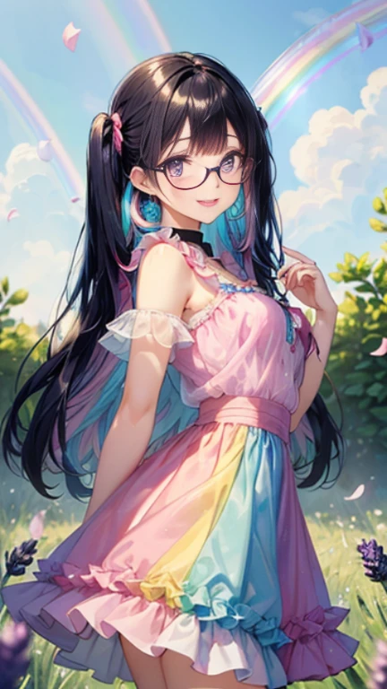 小さなgirl、Glasses、petal、thick thighs、big ass、 (alone:1.5,)Super detailed,bright colors, very beautiful detailed anime face and eyes, look straight, shiny_skin,girl,(((long hair、rainbow colored hair, colorful hair, Half black、half pink hair: 1.2))) 、forehead is exposed.、shiny hair, delicate beautiful face, blush、(turquoise eyes), White skin, Valletta, earrings,、blue flower field、(((See-through、Pink ruffled dress with lavender pattern、purple mini skirt)))、twin tails、smile、smile、Face dyed red
