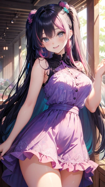 小さなgirl、Glasses、petal、thick thighs、big ass、 (alone:1.5,)Super detailed,bright colors, very beautiful detailed anime face and eyes, look straight, shiny_skin,girl,(((long hair、rainbow colored hair, colorful hair, Half black、half pink hair: 1.2))) 、forehead is exposed.、shiny hair, delicate beautiful face, blush、(turquoise eyes), White skin, Valletta, earrings,、blue flower field、(((See-through、Pink ruffled dress with lavender pattern、purple mini skirt)))、twin tails、smile、smile、Face dyed red