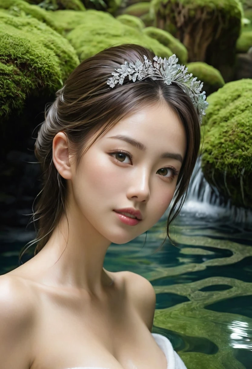 Mejor calidad, obra maestra, ultra high resolution, 26-year-old supermodel takes a thermal bath in Japan, aguas termales al aire libre, aguas termales de piedra, surrounded by moss and trees, super beautiful face, cuerpo puro, poros claramente visibles, (sonrisa:0.8), Use prendas separadas (Diadema de encaje:1.2), (realism:1.5), Foto original, cuerpo mojado, cubierto en sudor, hombros descubiertos, Pechos reales perfectos，escote obvio，centrarse en los senos expuestos，(((retrato de la parte superior del cuerpo，encima del ombligo，Piel blanca como la nieve y tierna.)))，En la oscuridad, sombras profundas, Perfil bajo, cold light((Mejor calidad)), ((obra maestra)), (detallado), cara perfecta