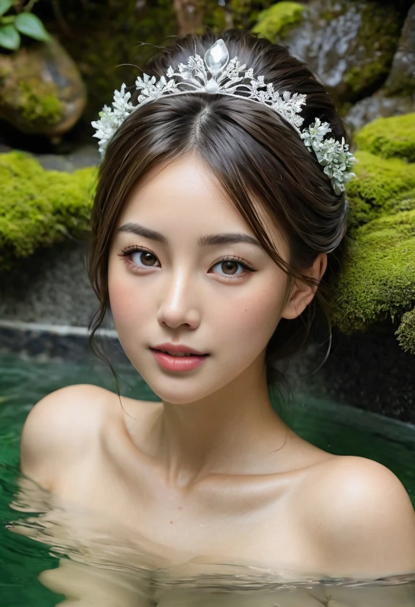 Mejor calidad, obra maestra, ultra high resolution, 26-year-old supermodel takes a thermal bath in Japan, aguas termales al aire libre, aguas termales de piedra, surrounded by moss and trees, super beautiful face, cuerpo puro, poros claramente visibles, (sonrisa:0.8), Use prendas separadas (Diadema de encaje:1.2), (realism:1.5), Foto original, cuerpo mojado, cubierto en sudor, hombros descubiertos, Pechos reales perfectos，escote obvio，centrarse en los senos expuestos，(((retrato de la parte superior del cuerpo，encima del ombligo，Piel blanca como la nieve y tierna.)))，En la oscuridad, sombras profundas, Perfil bajo, cold light((Mejor calidad)), ((obra maestra)), (detallado), cara perfecta