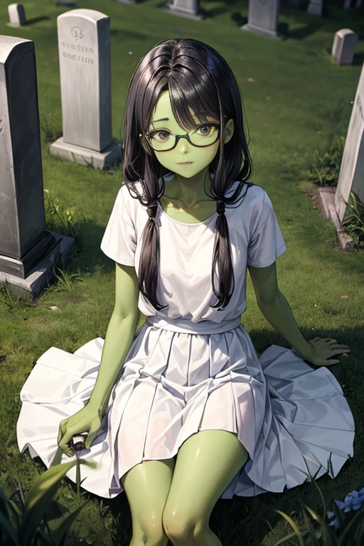 a girl,girl,Glasses,colored skin,Green Skin,black eyes,Green Skin,black hair,bare legs,Green Skin,White long skirt,cemetery