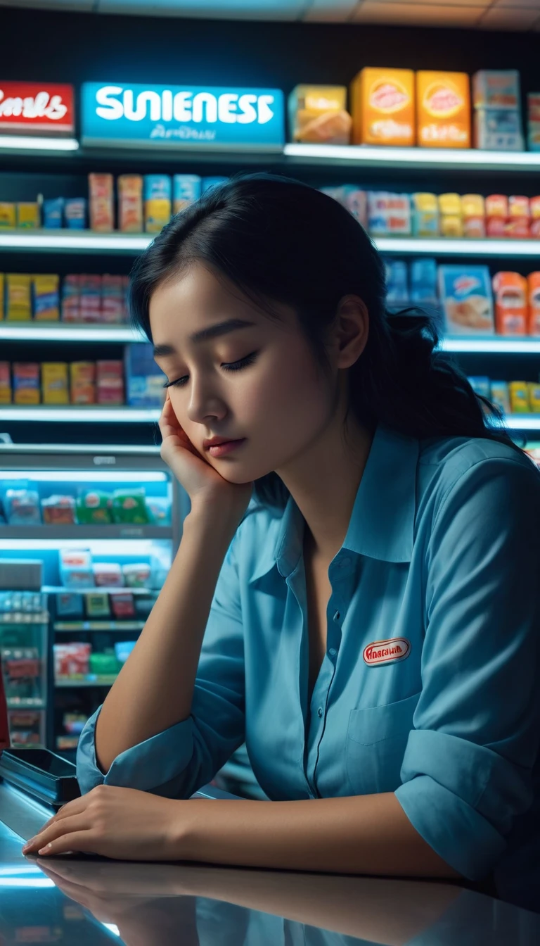 best quality,4k,highres,masterpiece:1.2,ultra-detailed,realistic, medium close up portrait, midnight convenience store, sleeping tired young cashier, her head resting on her hands, tired face, snoozing, sits behind counter with cash register, head leaning against hands on counter, closed eyes, lighting:soft rays from the ceiling lights,illuminating the area around the cashier,subtle shadows cast by the shelves,glowing neon signs,cold blue tint,creating a serene atmosphere