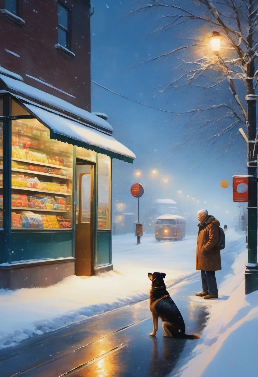 （masterpiece，photography，lifelike，）winter，heavy snow，snow，late night，Convenience store at night，supermarket，Huge glass windows，The old man and the dog in the window，bus stop