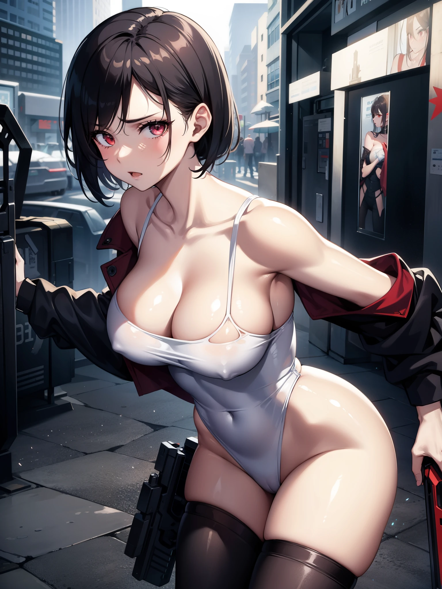 score_9, score_8_up, score_7_up, 1girl, torn clothes, ada wong, perfect curves, eerie settings, white particles, resident evil, large teardrop breasts, standing, wielding 1 gun, (scratches:0.6) expressiveH 