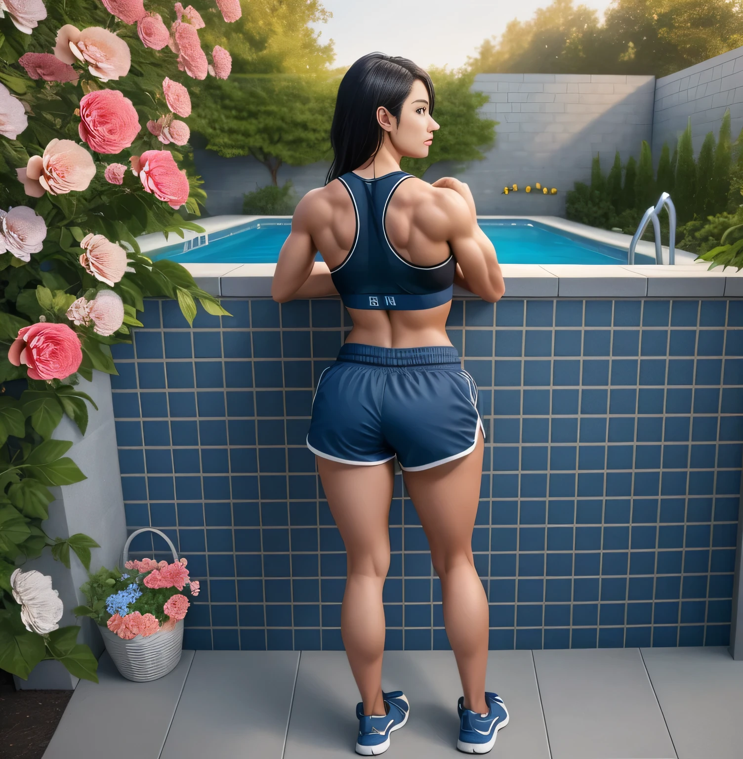 there is a woman standing next to a wall with flowers, back - shot, sport bra and dark blue shorts, squatting down next to a pool, fit pic, seen from the back, back pose, waist - shot, back shot, backview, shot from the back, sport bra and shorts, hunched shoulders, rear-shot, backshot. Best quality , high resolution, Masterpiece: 1.3, A high resolution, (photographically realistic), Beautiful girl, Sexy Pose, 8K, NFSW, fitness body, sports bra and dark blue shorts, toned legs. She is around 35 years old, a woman in good physical condition. Masterpiece, best quality, (best quality), realistic lighting, 8k.