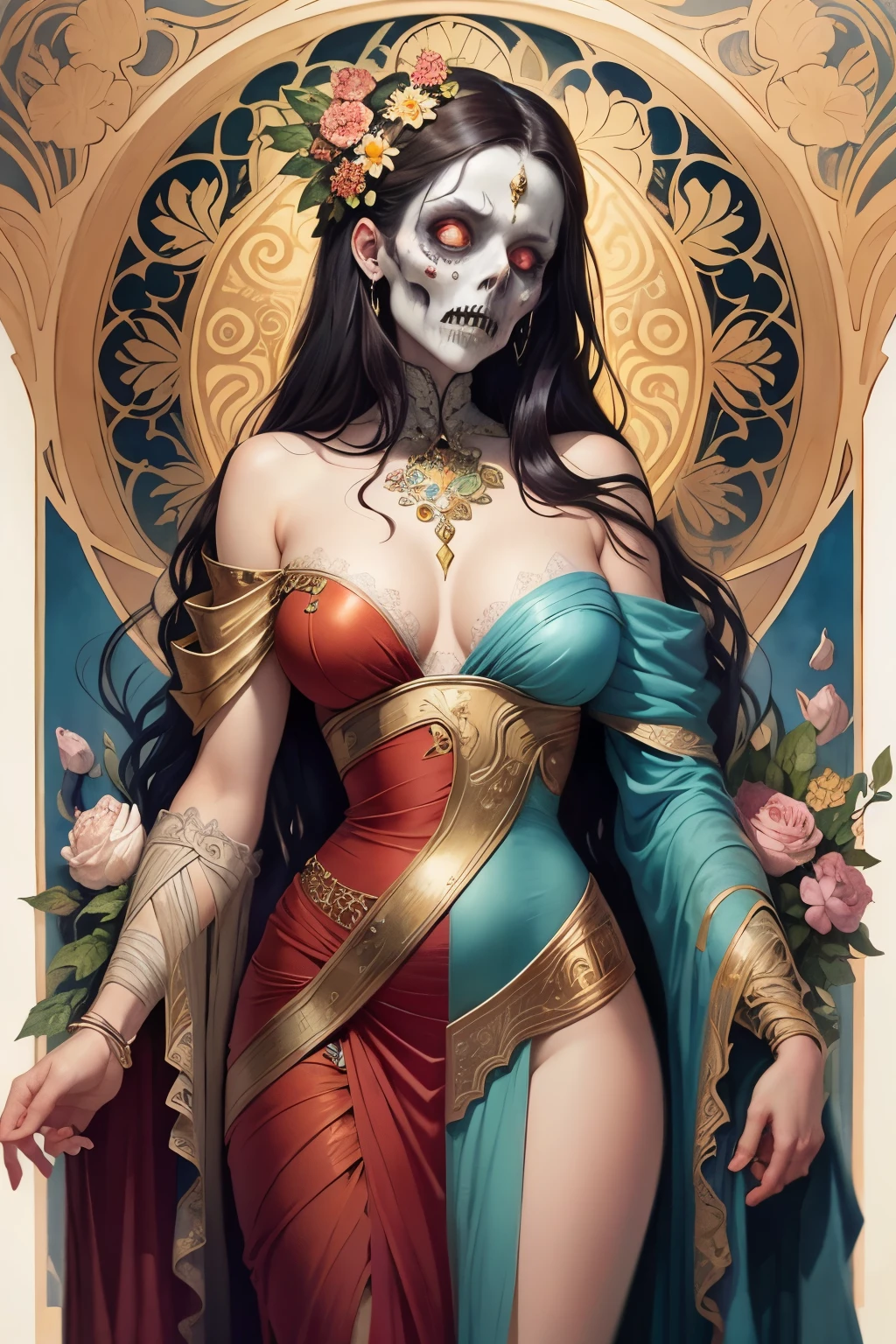 An ultrafine detailed watercolor painting of a gorgeous undead zombie with flowers in her hair, in the style of Alphonse Maria Mucha and Gustav Kilmt, art nouveau accents, (undead zombie:1.2), anthropomorphic female, female figure, detailed cover artwork, as the goddess of the flowers, Alphonse Mucha, Gustav Klimt, pale bluish skin, a marble sculpture, cgsociety, gothic art, art nouveau, behance contest winner
