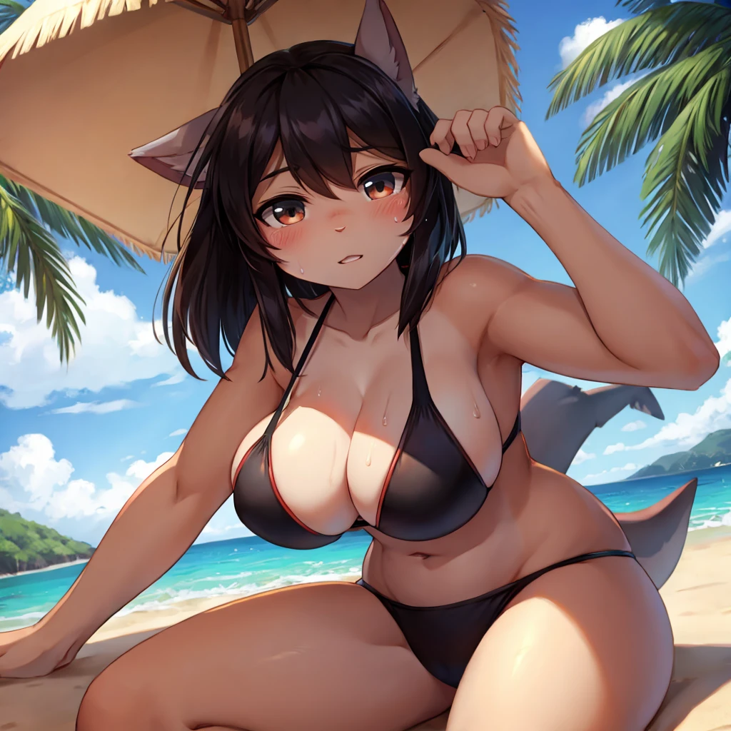 shark girl,furry,Cute Moe,big breasts,Good quality,Good resolution,Go to the beach,Wear a black bikini swimsuit,Hot weather, sweating, sexual desire, masturbation.,Good light and shadow details,shade,