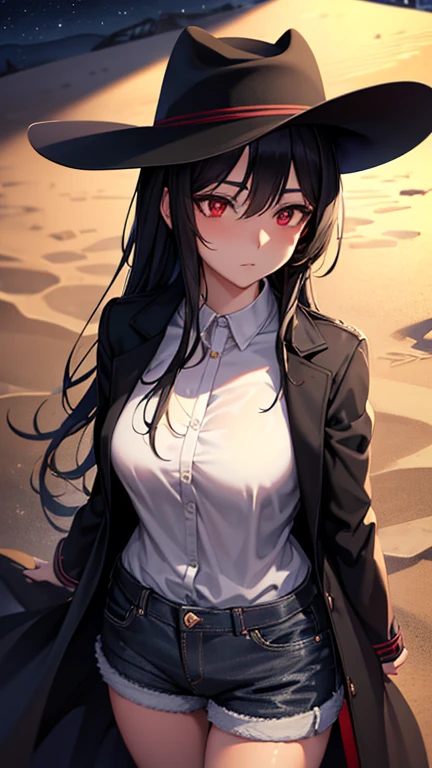 A western anime cowgirl, cowgirl, mature girl, outdoors, shorts, very long black coat, cowboy hat, midnight sky, empty area, sand, black denim clothing, perfect anime quality, masterpiece, perfect face, black hair, red eyes, standing