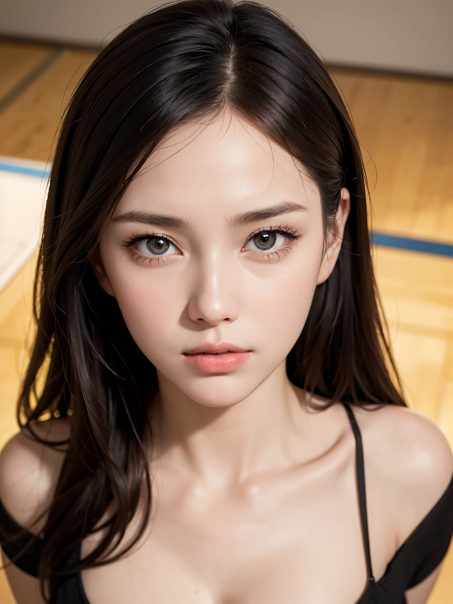 (professional writing)、Detailed workmanship、(high resolution:1.1)、gravure photo、master piece, best quality, (8K, High resolution:1.2)、(RAW photo, photorealistic:1.3)、close up on face、high definition face、Moist eyes、(Face is in focus、high definition eyes)、(Focused, symmetrical pupils:1.2)、High-definition and beautiful skin、Firm Skin、natural makeup、gross lip, High-definition hair texture, (russian woman:1.2)、(female teacher:1.3)、20-year-old、(french twist:1.2)、classroom, medium breast, cleavage, Looking up at the camera、shot from above