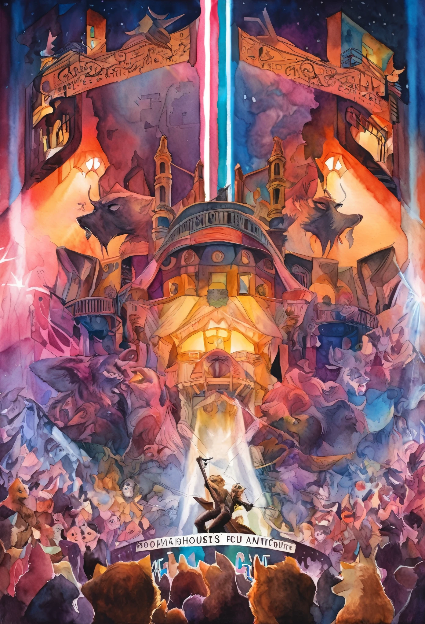 Top quality, picture book cover, movie poster, watercolor, fancy, four-headed, pale color (live house, laser beam, dazzling lighting, mechanized instrument, concert) (very detailed beautiful face and eyes) perfect anatomy (beastman) (beastman, playing a musical instrument, singing with a microphone, live performance, splashing sweat, standing on stage) (furry antro: 1. 2) (features of the animal's face on a furry body) (the muzzle of the animal is very detailed fur) full body, smile with an open mouth (dynamic pose),