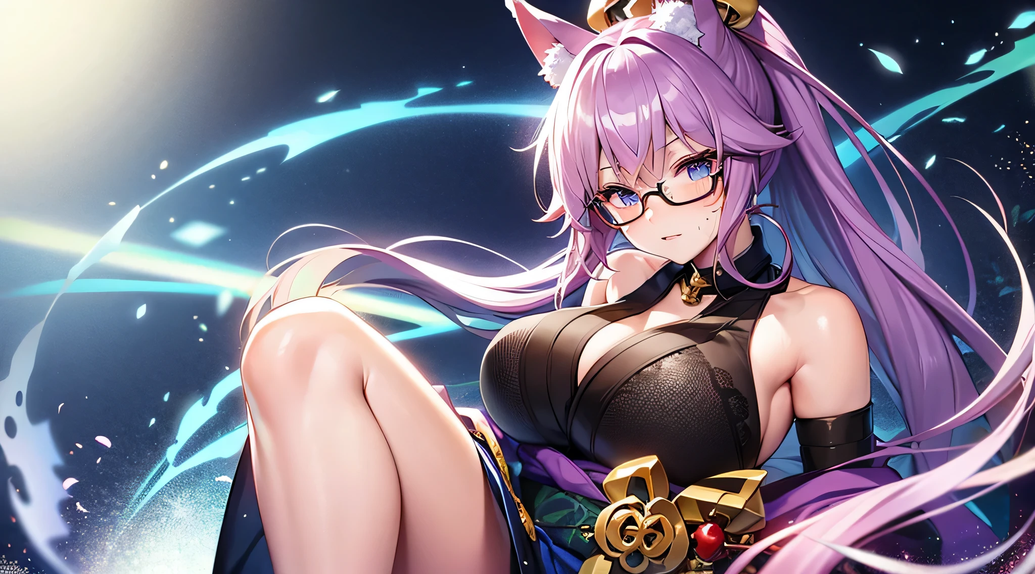 masterpiece、highest quality、1girl , solo , huge breasts、deep cleavage、light purple hair、ponytail、fox ears、brightly colored eyes、blue eyes、black glasses、green japanese kimono、red hakama、flashy necklace、charm、Wet、face turns red, very sweaty, dynamic pose、standing、ryokan background、Headphones worn around the neck、flashy hair ornament