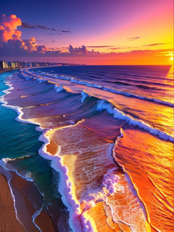 (masterpiece, highest quality:1.4), cinematic light, colorful, high contrast, neon, null, sunlight, null room, beach, Wave, unmanned, vast landscape photography, (a view from below that shows the null above and the sea below use a lot of purple and orange, detailed, Warm colors and vibrant Japanese anime style