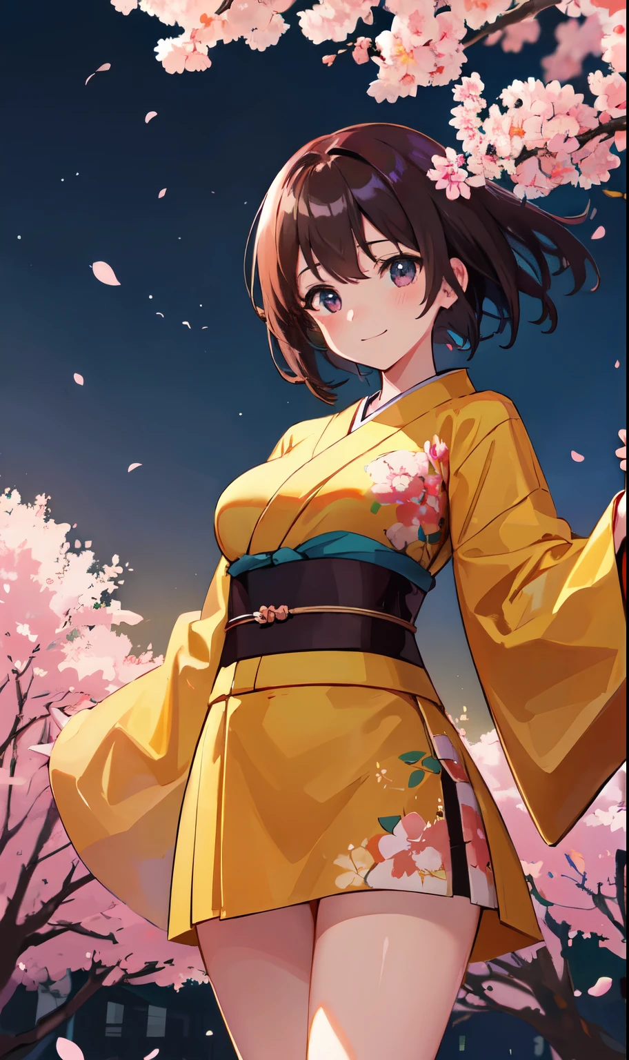 (highest quality, HDR, masterpiece, 8K, super detailed:1.2), cinematic angle, shine, shiny skin, Backlight, particles of light,
outdoor, night、cherry blossoms、cherry blossoms並木、nightcherry blossoms、night空
1女性, alone, cowboy shot, big breasts、smile, blush, from below, floating hair, Wind、kimono